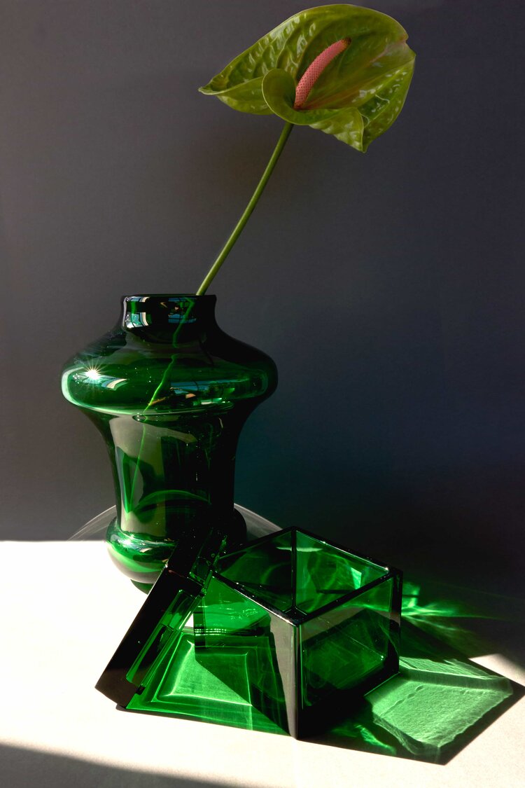 Murano — Vaso in Cristallo Soffiato a Mano, Due Pezzi Green 